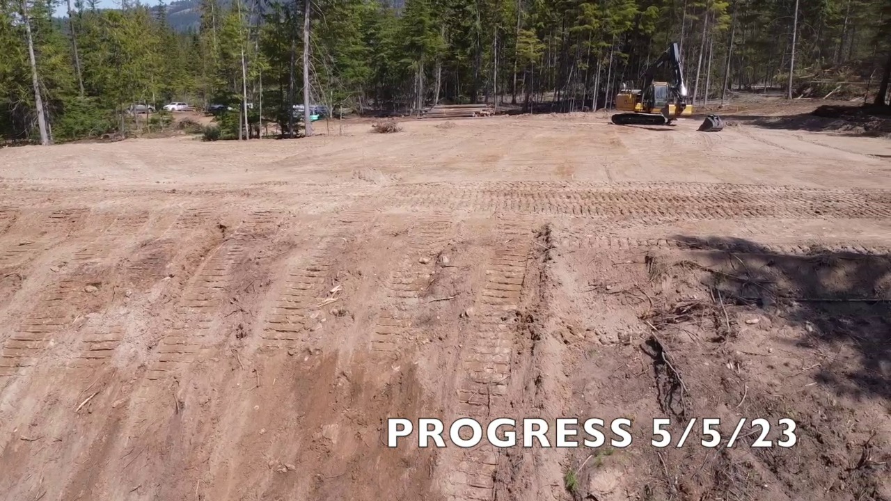 Aerial — completed building pad, Clark Fork, May 2023